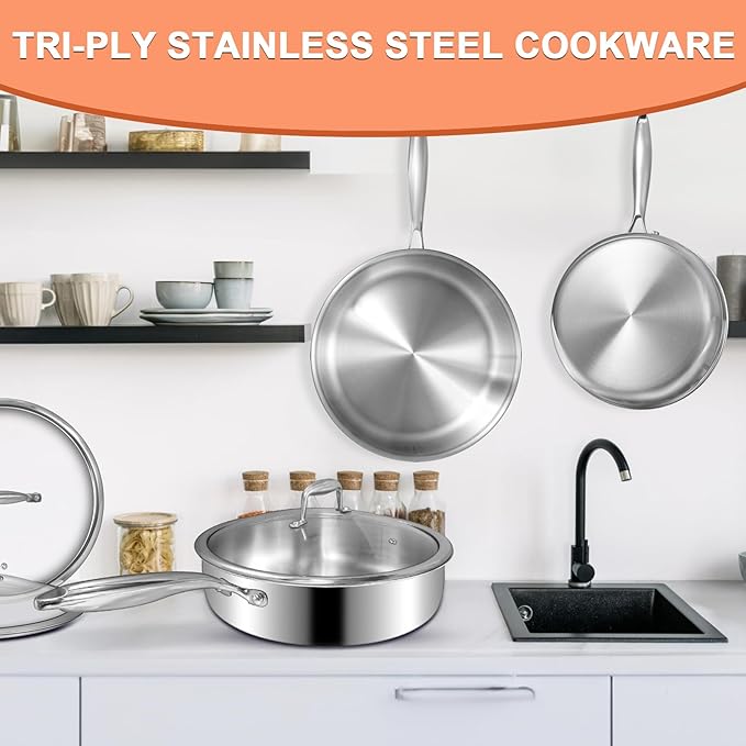 EWFEN 12 Inch Tri-Ply Stainless Steel Frying Pan, Deep Frying Pan with lids, Compatible with All Cooktops Up to 600℉, Induction Cooking Pan, Dishwasher and Oven Safe, Fast & Even Heat