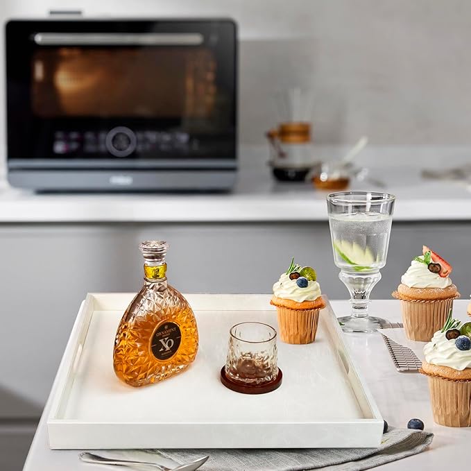 25 * 25 inches Leather Rectangle Serving Tray with Hole Handles,High-End Light Large Service Tray for Ottoman Tray, Tea, Food, Butler - Countertop, Kitchen,Family Dinner, Picnic(White)