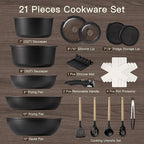 Astercook Non Stick RV Pots and Pans Ceramic Kitchen Cookware Set with Detachable/Removable Handle, Oven Safe, Induction Ready, Stackable, Black, 21 pcs