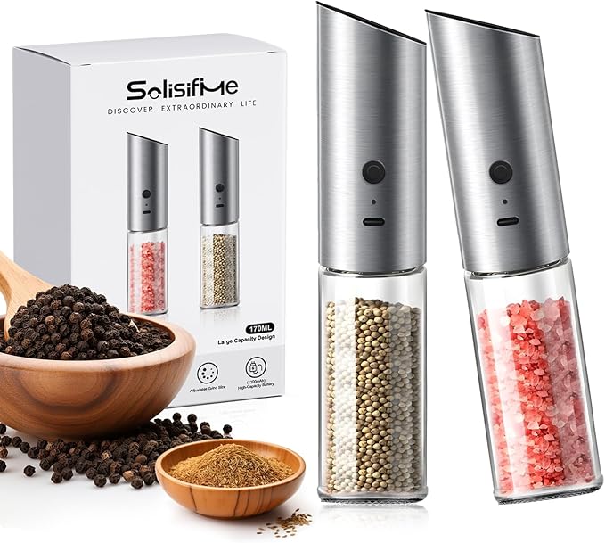 Gravity Electric Salt and Pepper Grinder Set, USB Rechargeable Stainless Steel Mills with Large Capacity Tall Glass, LED Light, Adjustable Coarseness, Ideal for Kitchen and Dining(2PCS)
