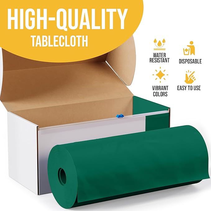 Exquisite Party Solids 54 Inch X 100 Feet Dark Green Plastic Table Cover Roll in A Cut - to - Size Box with Convenient Slide Cutter. Cuts Up to 12 Rectangle 8 Feet Plastic Disposable Tablecloths