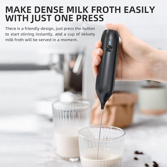 CIRCLE JOY Rechargeable Milk Frother Handheld, Coffee Frother Wand Drink Mixer with Stainless Steel Whisk for Coffee, Cappuccino, Lattes, Frappe, Matcha and Hot Chocolate, Black