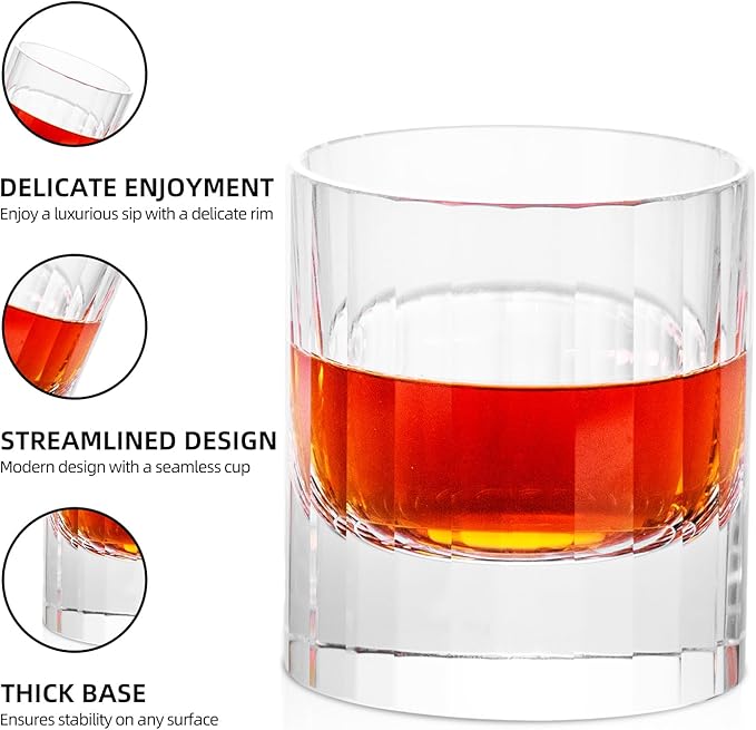 KAMMAK Crystal Whiskey Glasses Set of 2, 10.14 Oz Old Fashioned Tumbler with Delicate Cut Rim & Thick Heavy Base, Elegant Barware for Scotch, Bourbon, Cocktail, Wine - Ideal Gift & Home Drinkware