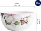 Bico Magnolia Floral Cereal Bowls Set of 4, 26 oz Deep Ceramic Soup Bowls for Cereal, Salad, Noodles, Kitchen, Microwave and Dishwasher Safe, Gift for Housewarming and Thanksgiving