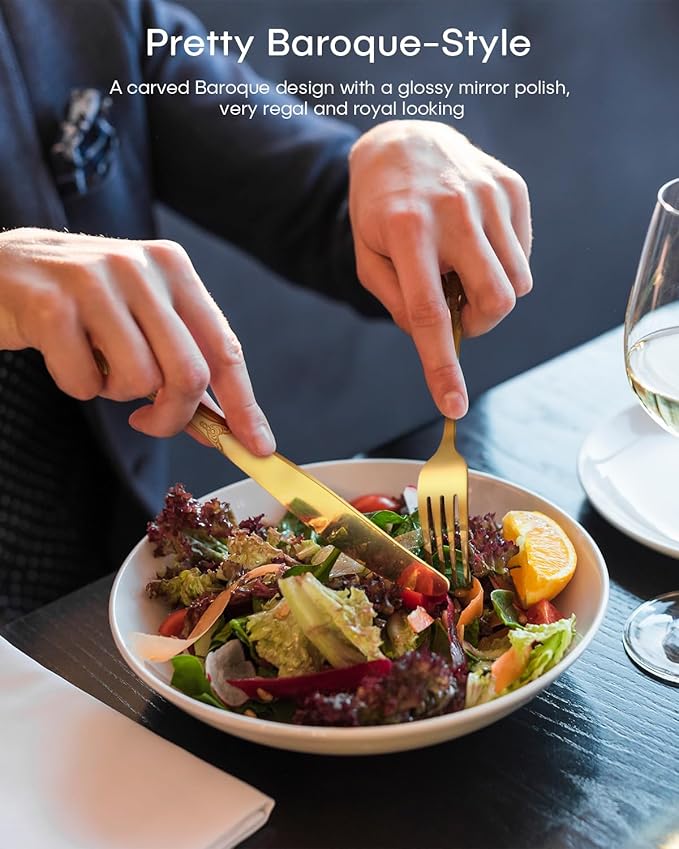 Gold Silverware Set, Ollex 48-Piece Retro Royal Flatware Set for 8 with Anti-rust Silverware Steel Black Steak Knives and Gold Spoons Forks Utensil Set, Mirror Polished&Dishwasher safe