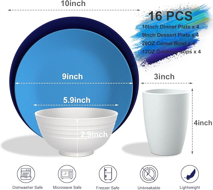 Homienly Dinnerware Sets Plates and Bowls Sets Wheat Straw Dish Set Service for 4 Alternative to Plastic Plates Cups Lightweight & Unbreakable Dishes Set for Kitche Outdoor Camping 16 PCS-Island