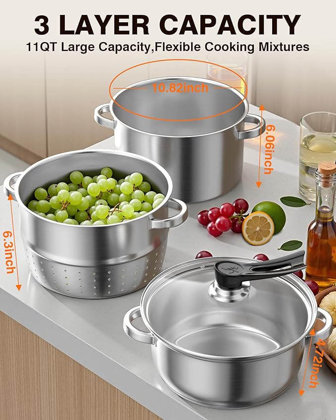 PYY Steam Juicer Extractor - 11QT Fruit Vegetables Steam Juicer for Canning, 3-Layer Stainless Steel with Tempered Glass Lid, Hose, Jelly, Syrup, Clamp Steamer Extractor for Making Juice