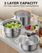 PYY Steam Juicer Extractor - 11QT Fruit Vegetables Steam Juicer for Canning, 3-Layer Stainless Steel with Tempered Glass Lid, Hose, Jelly, Syrup, Clamp Steamer Extractor for Making Juice