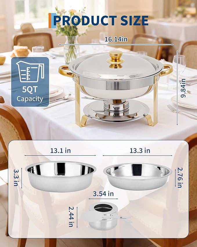 Garvee 6 Pack Chafing Dishes for Buffet, 5 QT Round Buffet Servers and Food Warmer Set with Lid, Stainless Steel Chafers for Catering Parties Wedding Banquet, Gold