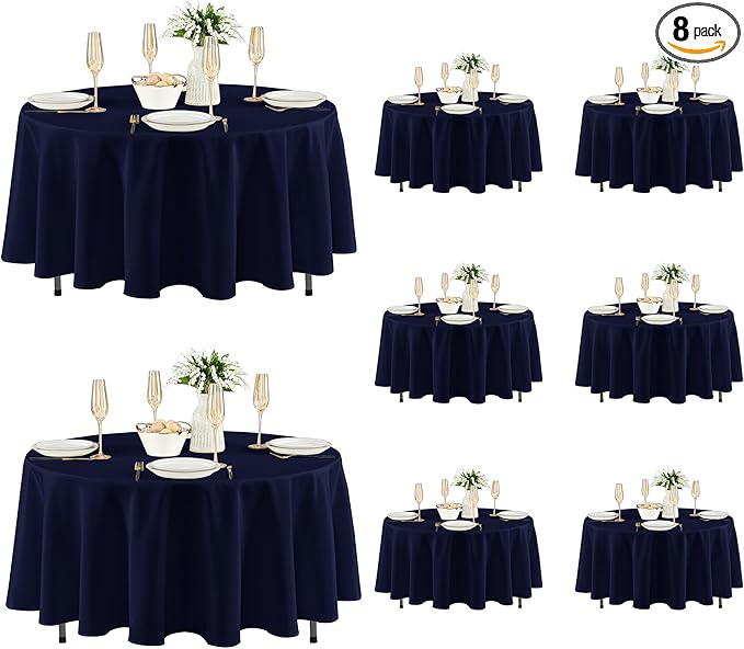 Fitable 8 Pack Round Tablecloths: Stain Resistant Wrinkle Free Circle Table Clothes, Washable Reusable Polyester Table Covers for Wedding Party Birthday Banquet Reception(Navy, 84 Inch)