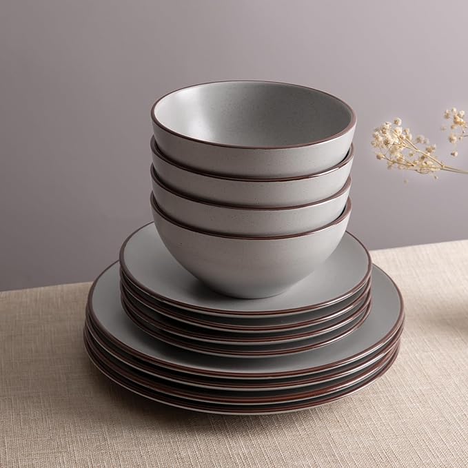 Famiware Venus Plates and Bowls Sets, 18 Pieces Stoneware Dinnerware Sets, Speckled Dishes Set for 6, Microwave and Dishwasher Safe, Matte Light Grey