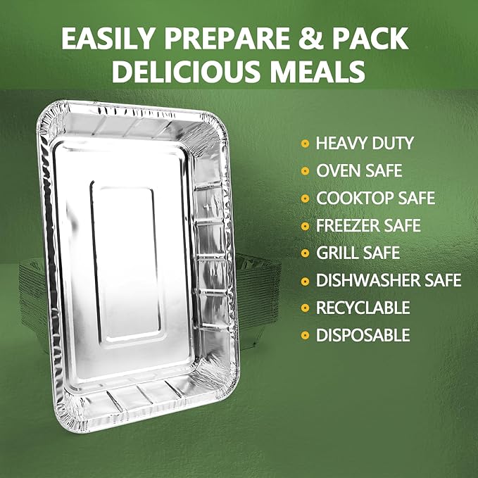 Thickened 30 Pack Heavy Duty Aluminum Foil Pans, 9x13 Disposable Aluminum Tin Foil Pans for Baking Roasting & Chafing, Half Size Steam Table Deep Pans, Extra Cake & Oven Pan