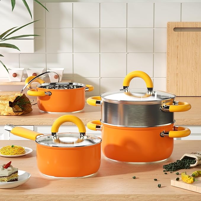 18/8 Stainless Steel Cookware Set, 7 PCS Pots and Pans Set, 4 3 2 QT Pot Pan with Lid and Steamer, Compatible with All Stovetops, Dishwasher Safe