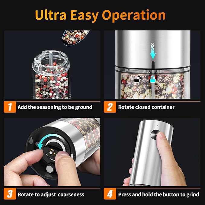 2Pack Electric Salt and Pepper Grinder Set USB Rechargeable with Warm LED Light, Adjustable Coarseness Lidaop Large Capacity Automatic Salt Pepper Mill Grinder for Kitchen, Sliver Set