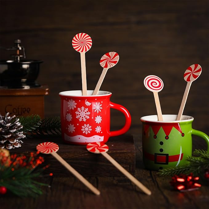 Sliner 120 Pcs 6 Inches Christmas Wooden Coffee Stir Sticks Stripe Candy Coffee Stirrers Disposable Drink Stirrers Candy Beverage Mixer with Round Ends for Cocktail Hot Drinks Party Supplies