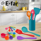 E-far Silicone Cooking Utensils Set, 24Pcs Heat Resistant Kitchen Utensil with Holder, Silicone Kitchen Tools with Spatula Turner Spoon Tongs Whisk, Non-Toxic & Dishwasher Safe (Colorful)