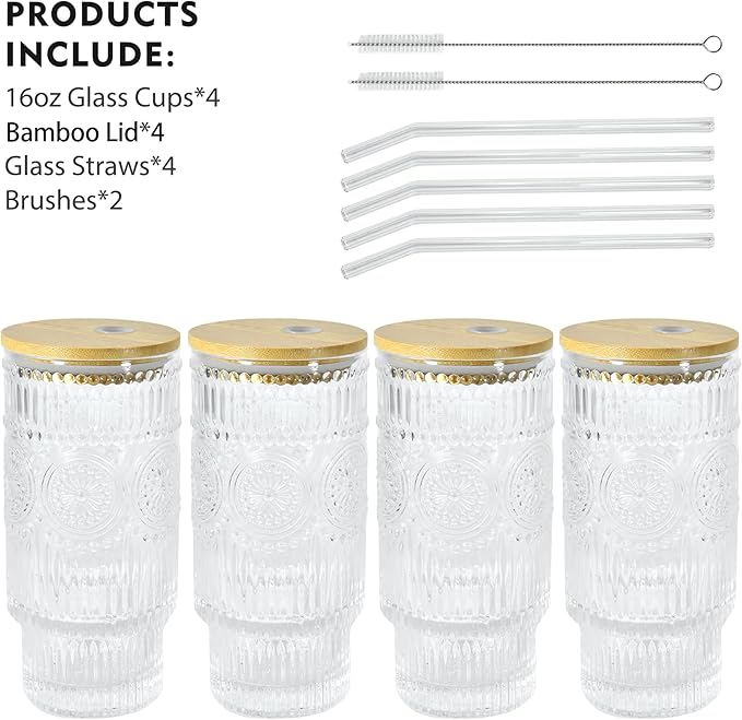 4 Pcs 16 oz Glasses Cups Set with Bamboo Lids Straws Brush Sunflower Glassware Set for Juice Iced Coffee Beer Cocktail Whiskey