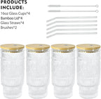4 Pcs 16 oz Glasses Cups Set with Bamboo Lids Straws Brush Sunflower Glassware Set for Juice Iced Coffee Beer Cocktail Whiskey