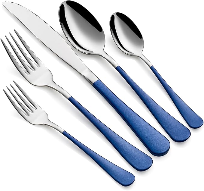 Colorful Silverware Set 20 Piece 18/0 Stainless Steel Flatware Sapphire Blue Handle Cutlery Set Service for 4 Fork Knife Spoon Set Mirror Finish Dishwasher Safe