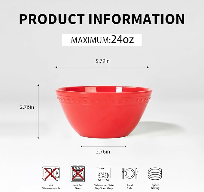 Melamine Beaded Cereal Bowls Set Red, 6 inch, 24oz All purpose/Soup/Salad Bowls Set of 6, Unbreakable Durable, Dishwasher Safe, BPA Free - Perfect for Soups, Salads, Cereal & Entertaining
