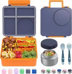 Bento Box for Kids - Leak-Proof Lunch Box with Insulated Thermos Food Jar - 4 Compartments, 1 Removable Divider, 1Spoon, 1 Fork - Dishwasher Safe, BPA-Free (Navy blue)