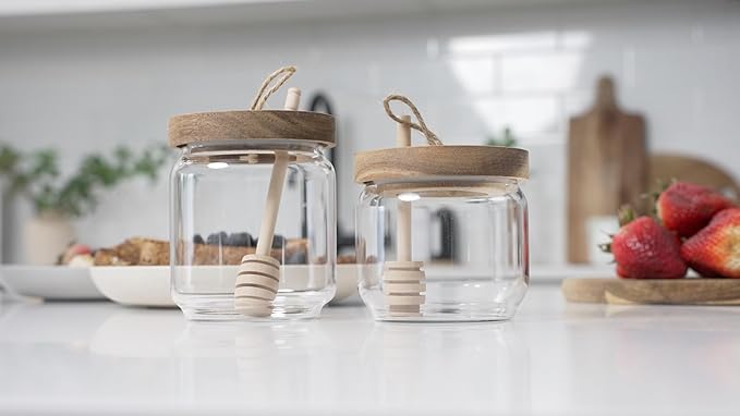 Honey Jar Pot Glass Holder Dispenser Set with Wooden Dipper Stick and Acacia Lid Cover for Home Kitchen, Clear, Modern Honey Syrup Glass Container for Storage Gift, Honey Pot and Drizzler (9 Oz)