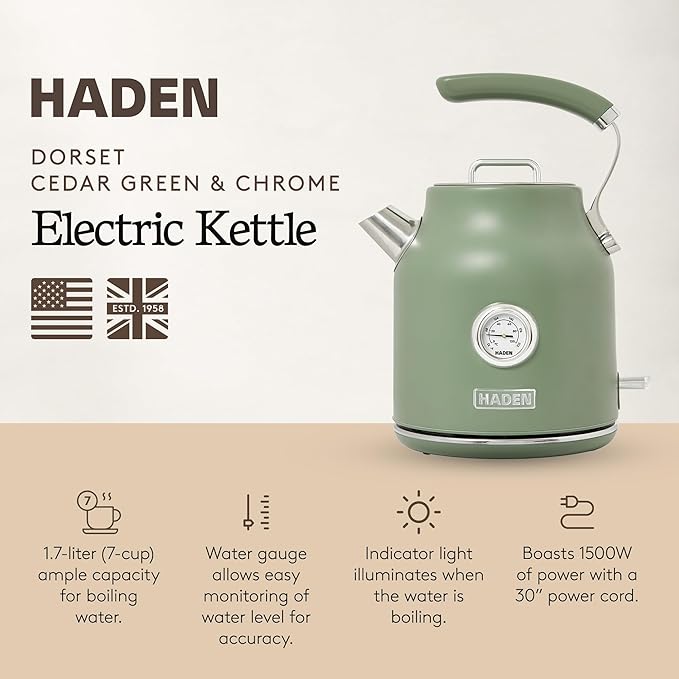 Haden Dorset 1.7 Liter Stainless Steel Electric Kettle, Hot Water Kettle with 360-Degree Base and Auto Shutoff, Cedar Green & Chrome