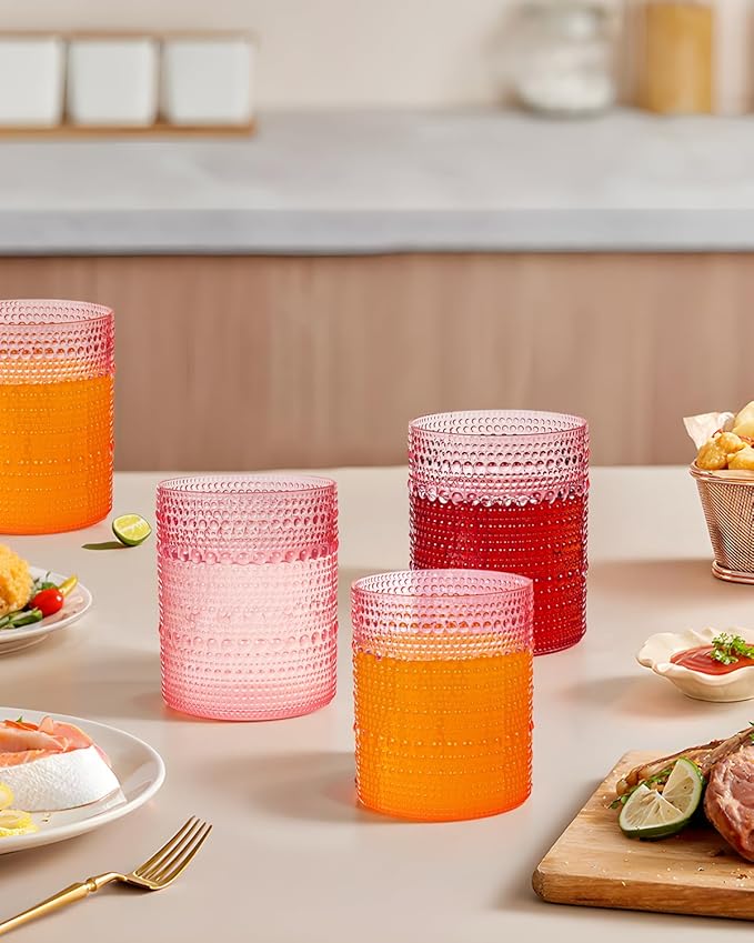 YOUBET 24PCS Plastic Drinking Glasses - 14OZ Pink Hobnail Drinkware Glasses - Vintage Glassware Textured Beaded Cups for Water, Beer, Whiskey, Juice and Various Mixed Drinks