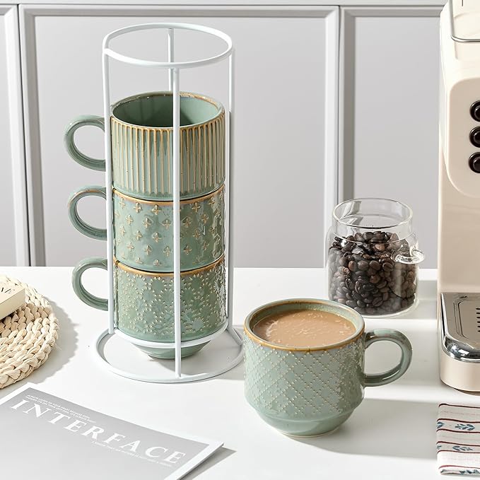 JIEMEI HOME Large Ceramic Coffee Mug Set of 4 with Stand, 15 Oz Stackable Embossment Ribbed Latte Cup Set for Cappuccino, Latte, Tea, Hot Cocoa, Drinks - Dishwasher & Microwave Safe, Vintage Turquoise