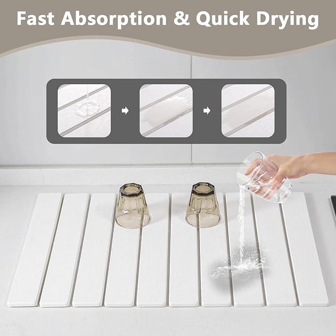 Large Stone Drying Mat for Kitchen Counter, 24''L x 16''W Diatomaceous Earth Collapsible Dish Drying Mat, Quick Drying Mat for Dishes, Bottles and Cups, Matches Any Countertop (White)