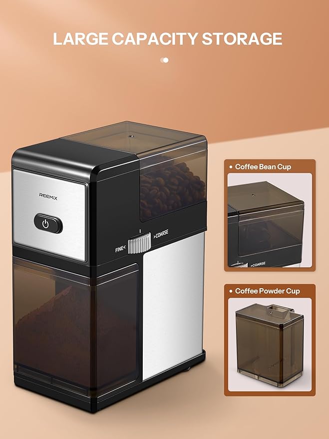 Electric Burr Coffee Grinder, Reemix Automatic Flat Burr Coffee for French Press, Drip Coffee and Espresso, Adjustable Burr Mill, Black+Silver