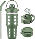 MUKOKO 32 oz Glass Tumbler with Straw,Glass Water Bottles with Time Marker,Iced Coffee Cup with 2 Lids-Handle Spout Lid&Straw Lid,Silicone Sleeve,Leakproof,1 Pack-Olive