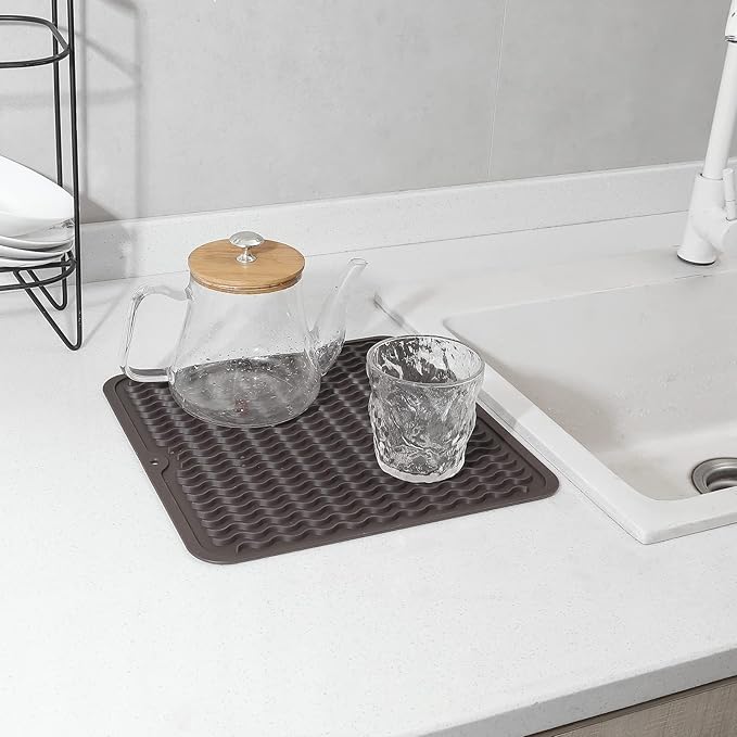 Silicone Dish Drying Mat for Multiple Usage,Easy clean,Eco-friendly,Heat-resistant Silicone Mat for Kitchen Counter or Sink,Refrigerator or Drawer liner Coffee M 12 inches x 12 inches