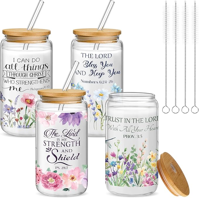 Mumufy 4 Pcs Christian Gifts for Women Set Bible Verse 16oz Glass Tumblers with Straw, Inspirational Prayer Affirmation Cups, Religious & Spiritual Gift for Mom Wife Sister or Friends for Christmas