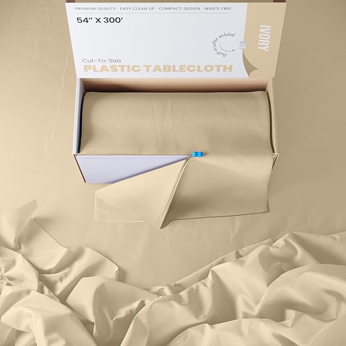 Exquisite Party Solids 54 Inch X 300 Feet Ivory Plastic Table Cover Roll in A Cut - to - Size Box with Convenient Slide Cutter. Cuts Up to 36 Rectangle 8 Feet Plastic Disposable Tablecloths