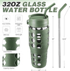 MUKOKO 32 oz Glass Tumbler with Straw,Glass Water Bottles with Time Marker,Iced Coffee Cup with 2 Lids-Handle Spout Lid&Straw Lid,Silicone Sleeve,Leakproof,1 Pack-Olive