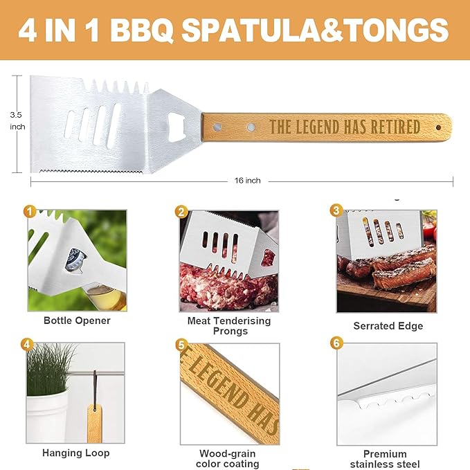 Retirement Gifts for Men, Retired Gift for Dad, Grandpa, Coworker, Retirees Heavy Duty Wooden BBQ Grill Accessories Kit, Thick Stainless Steel Grill Utensil with Non-Slip Handle Tools in Portable Box