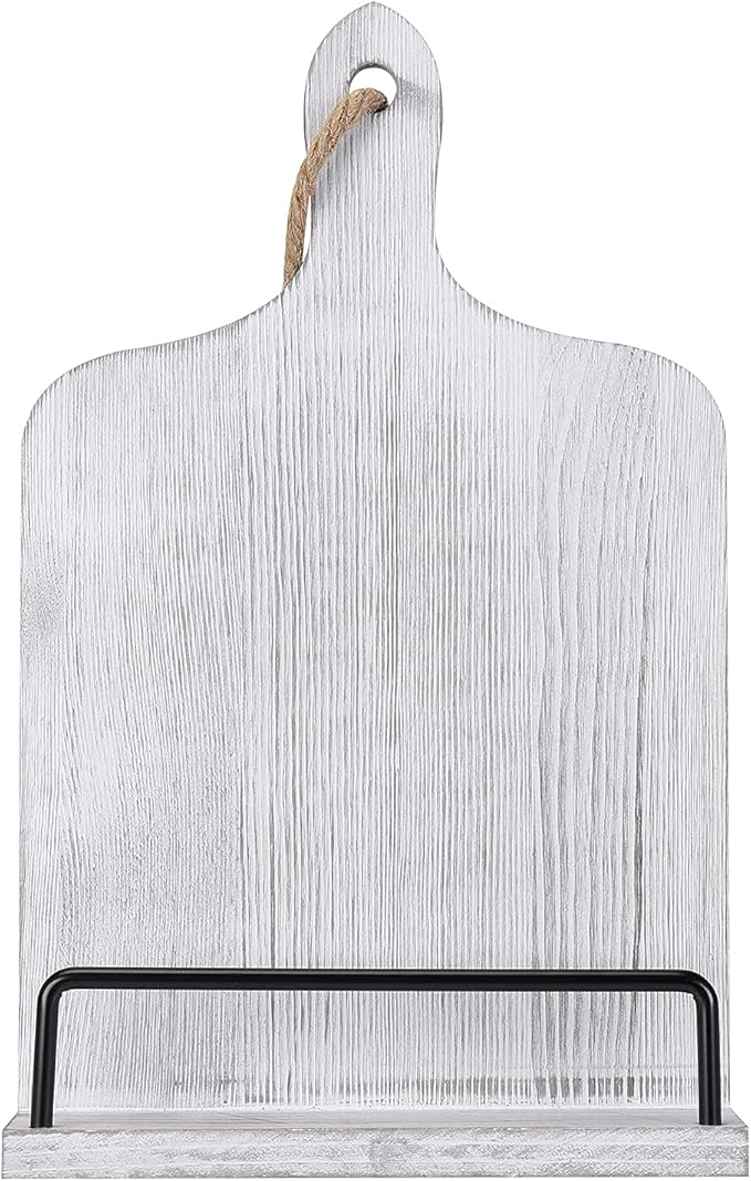 Soligt Cookbook Stand for Kitchen Counter Adjustable Recipe Book Holder Rustic Wood Cutting Board Style - White