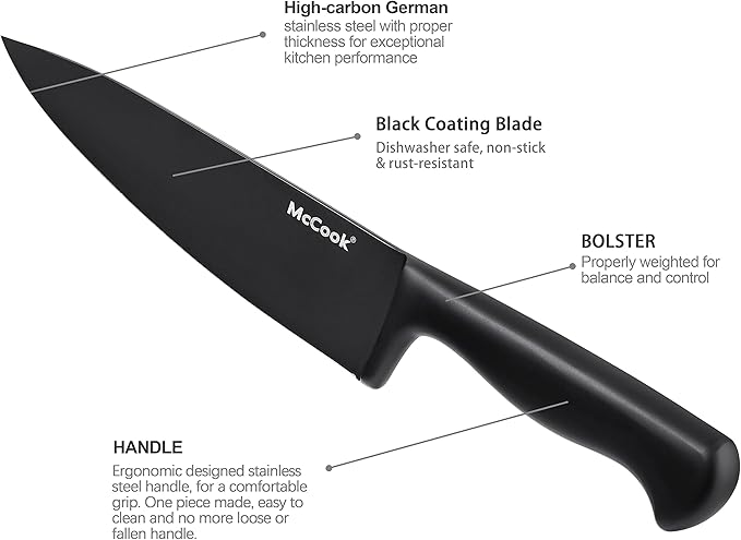 McCook® Premium Black Knife Sets,German Stainless Steel Kitchen Knives Block Set with Built-in Sharpener
