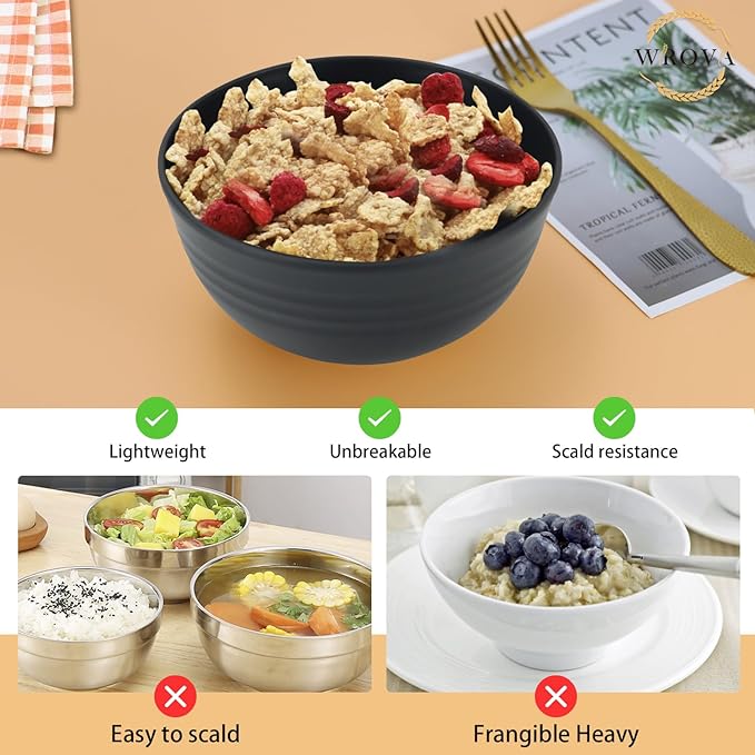 Wheat Straw Bowl Sets,8 PCS Unbreakable Cereal Bowls 26 OZ,Microwave and Dishwasher Safe Bowls,Alternative Plastic Bowl Reusable for cereal,salad,snack and soup (Pure Black)