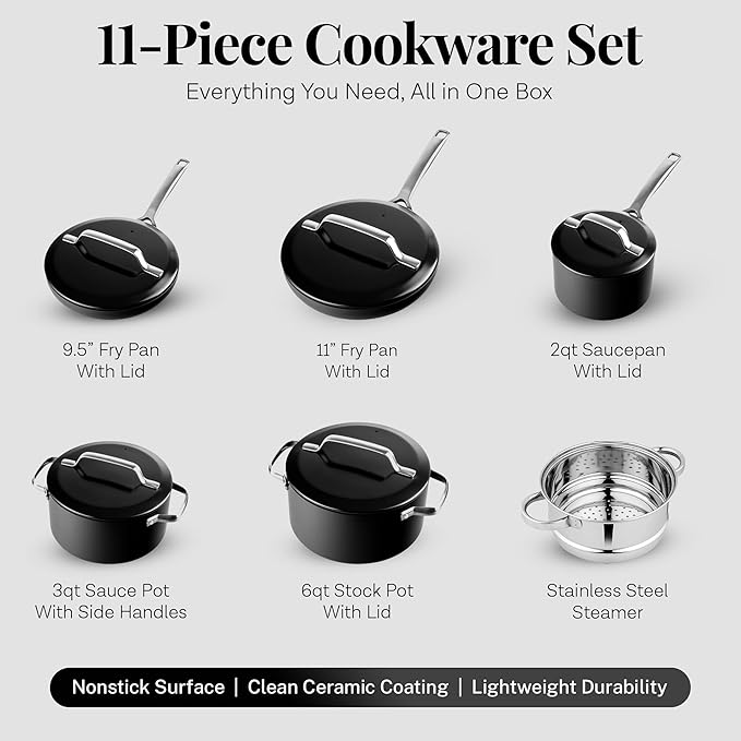Gotham Steel Modern 11 Pc Ceramic Cookware Set, Elegantly Designed Pots and Pans Set Non Stick with Steamer, Induction Bottom, Premium Stay Cool Handles, Non Toxic PFOA Free, Oven & Dishwasher Safe