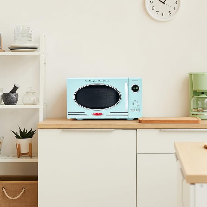 Nostalgia Retro Countertop Microwave Oven, 0.9 Cu. Ft. 800-Watts with LED Digital Display, Child Lock, Easy Clean Interior, Aqua