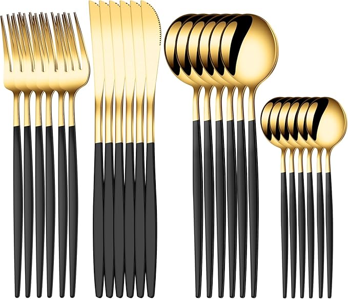 24 PCS Gold Silverware Set, Food-Grade Stainless Steel Flatware Set for 6, Cutlery Set Tableware with Black Handle, Steak Knives Forks and Spoons, Utensil Sets for Home Restaurant Hotel