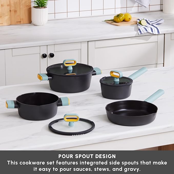 KARACA Fancy Ceramic Cookware Sets Black, Kitchen Pots & Pans Set Non Stick with Lid, Swiss Crystal Surface, Induction Cooking Utensils, 7-Piece, Dishwasher Safe