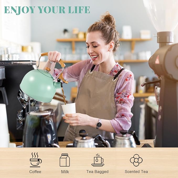 GGC Tea Kettle for Stove Top, 85OZ/2.6QT Whistling Tea Kettles for Boiling Water Milik or Coffee, Green Stainless Steel Tea Pots with Wood Pattern Folding Handle, Thumb Design Control Kettle Outlet