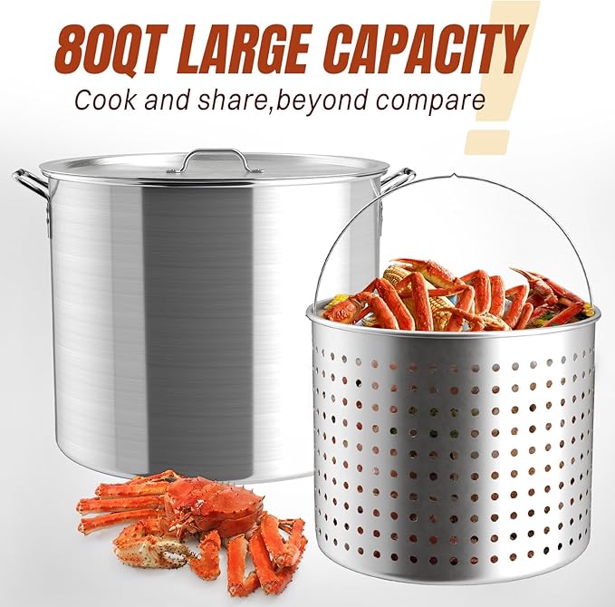 80QT Crawfish Boiler Kit, Waterproof Cover & 18-inch Skimmer, 110,000BTU Propane Burner Stove, 0-20PSIG Regulator, Aluminum Seafood Boil Pot, Crab Boil Pot with Basket