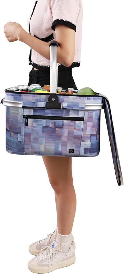 ALLCAMP Insulated Cooler Bag Portable Collapsible Picnic Basket Cooler with Sewn in Frame (Medium Purple Pattern)
