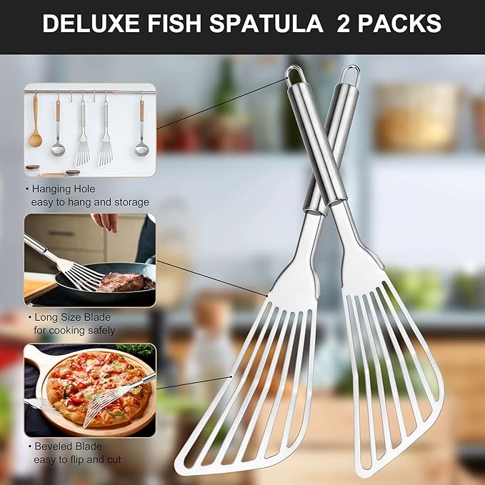 2-Piece Premium Fish Spatula Set, Big Size Stainless Steel, Thickness Blade Turner for Cooking, Flipping, Frying and Grilling