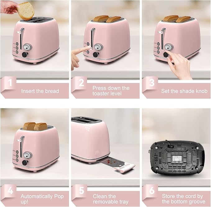 Toaster 2 slice,Retro Stainless Steel Toaster with 6 Settings, 1.5 In Extra Wide Slots, Bagel/Defrost/Cancel Function, Removable Crumb Tray (Baby pink)