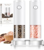 Electric Salt and Pepper Grinder Set Automatic Battery Pepper Mill Shakers Adjustable Coarseness Easy Filling Upgraded Larger Capacity with Led (2 Pack White/White）